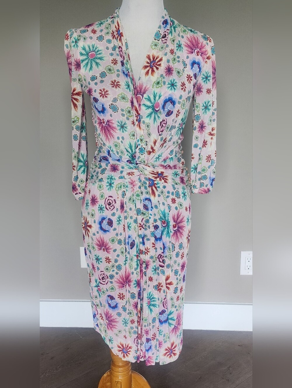 Missoni Women Pink Floral Knee Length Long Sleeve Twist Waistband Dress IT 42